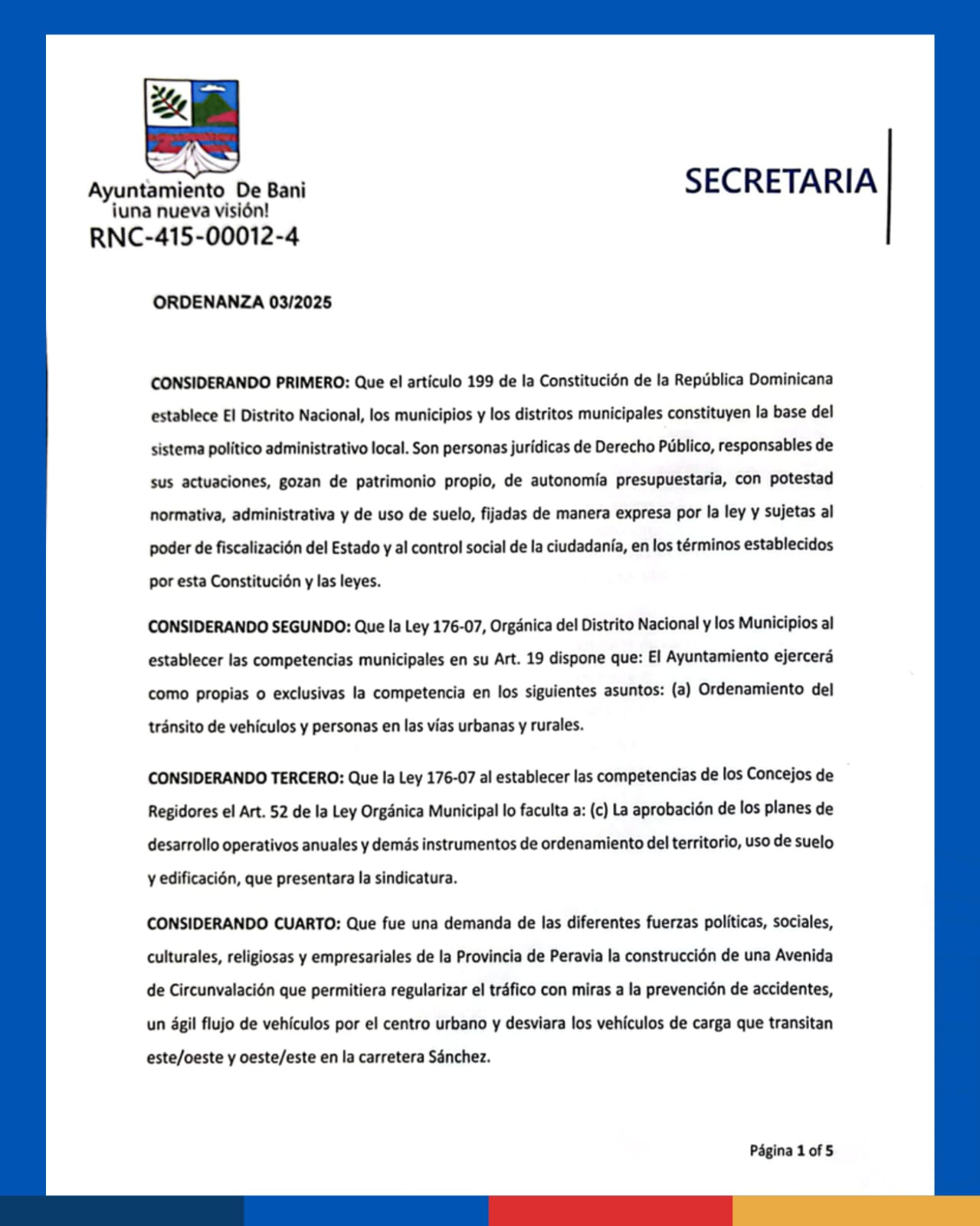 Ayuntamiento de Baní aprueba ordenanza que regula tránsito de vehículos de carga por principales vías del municipio