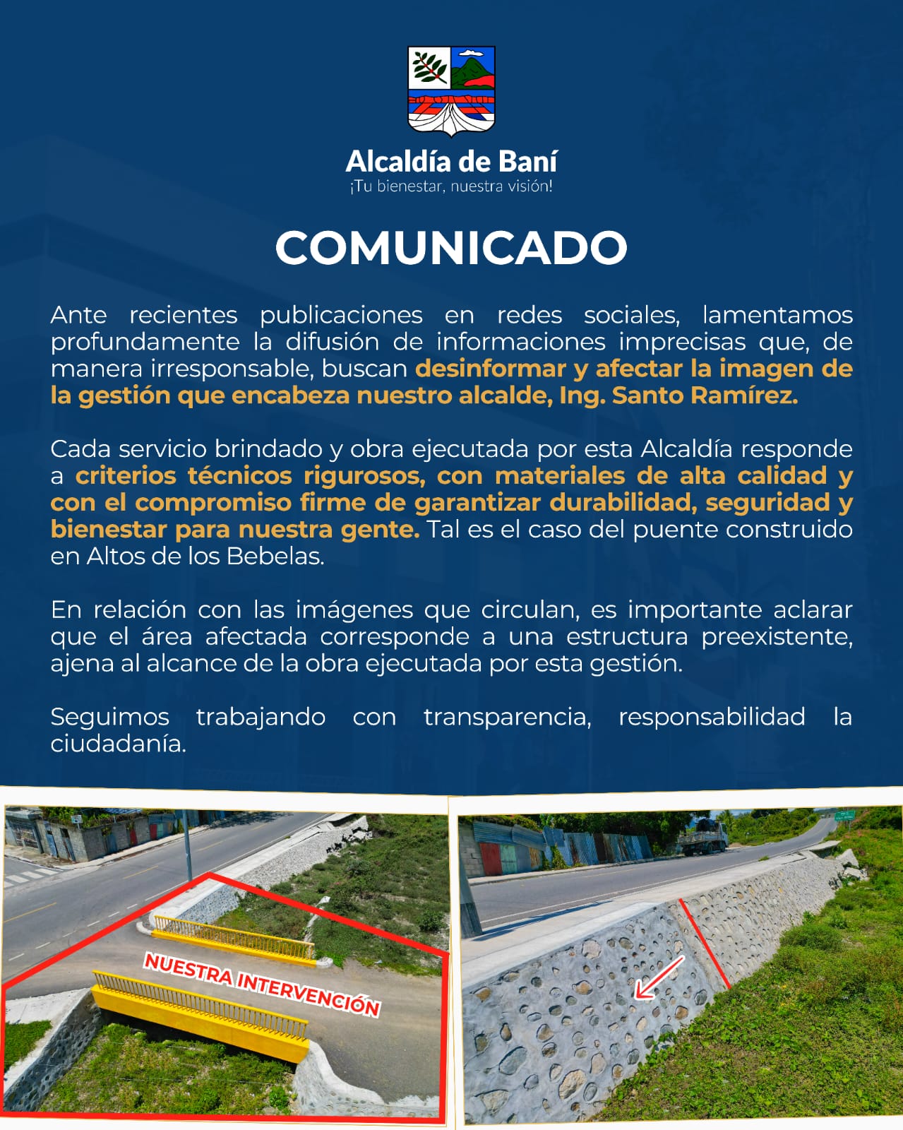 Alcaldía de Baní aclara información sobre puente en Altos de los Bebelas